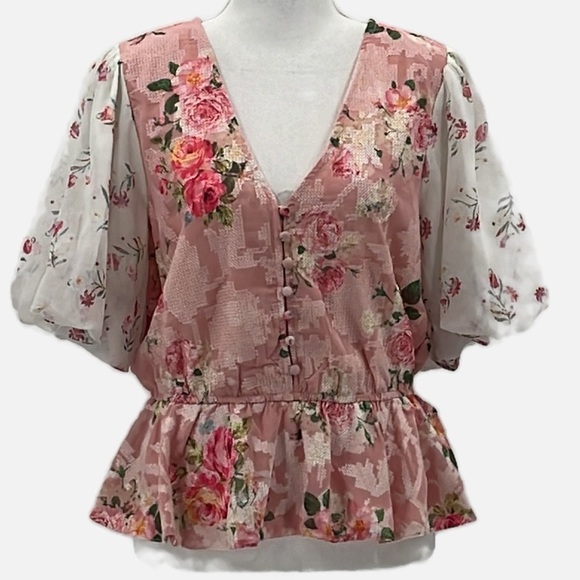 Hemant & Nandita Rose Garden Puff Sleeve Peplum Cross Stitched Blouse - Medium - Picture 3 of 8